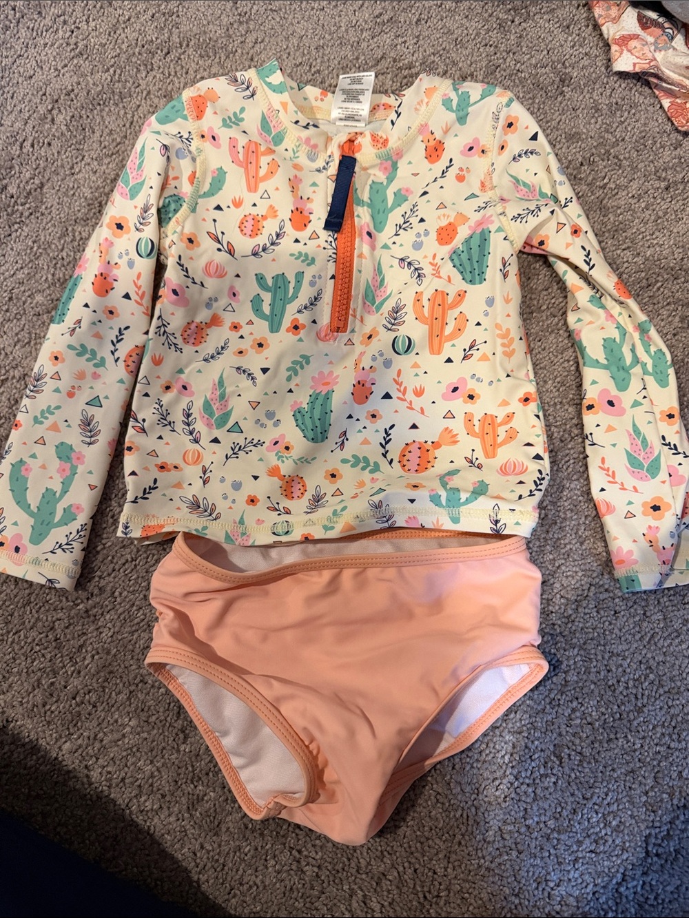 Ruffle Butts 3T Long-Sleeve Rash Guard Two-Piece Swimsuit - Peach Cactus Print